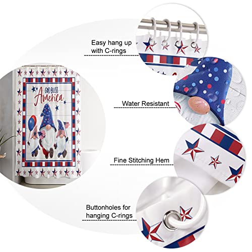 BestLives 4th of July Shower Curtain Sets with Rugs Buffalo Check Gnome USA Flag Non-Slip Soft Toilet Lid Cover for Bathroom Stars 4 Pcs Bathroom Sets with Bath Mat