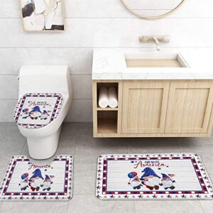BestLives 4th of July Shower Curtain Sets with Rugs Buffalo Check Gnome USA Flag Non-Slip Soft Toilet Lid Cover for Bathroom Stars 4 Pcs Bathroom Sets with Bath Mat