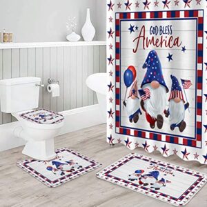 BestLives 4th of July Shower Curtain Sets with Rugs Buffalo Check Gnome USA Flag Non-Slip Soft Toilet Lid Cover for Bathroom Stars 4 Pcs Bathroom Sets with Bath Mat