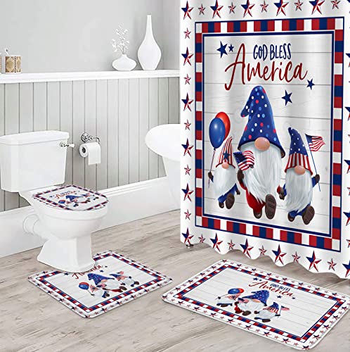 BestLives 4th of July Shower Curtain Sets with Rugs Buffalo Check Gnome USA Flag Non-Slip Soft Toilet Lid Cover for Bathroom Stars 4 Pcs Bathroom Sets with Bath Mat