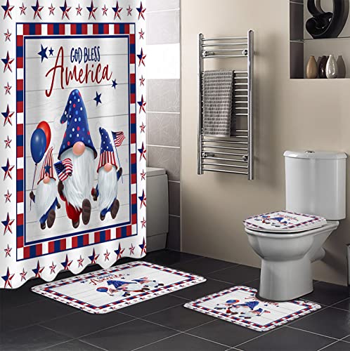 BestLives 4th of July Shower Curtain Sets with Rugs Buffalo Check Gnome USA Flag Non-Slip Soft Toilet Lid Cover for Bathroom Stars 4 Pcs Bathroom Sets with Bath Mat