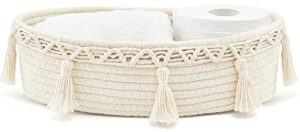 mkono small macrame storage basket for toilet tank top boho bathroom decor woven cotton rope back of toilet organizer tray for counter shelf table bedroom living room nursery, ivory, 1 pack