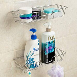 iPEGTOP Adhesive Shower Caddy Bathroom Shelf Storage with Hooks for Shampoo Conditioner Holder Kitchen Organizer Basket, No Drilling Wall Mounted, Rustproof Stainless Steel