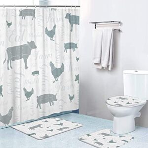 lokmu 4 pcs shower curtain sets with non-slip rugs, toilet lid cover and bath mat,modern farmhouse cow chicken and pig blue waterproof shower curtain with 12 hooks, bathroom decor sets, 72" x 72"