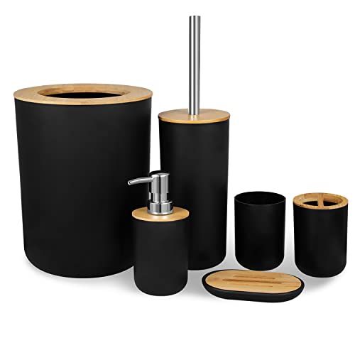 Ikaufen 6PCS Bathroom Accessories Set, Bathroom Decor, Plastic & Bamboo Bath Ensemble Kit with Lotion Dispenser, Toothbrush Holder, Toothbrush Cup, Soap Dish, Toilet Brush & Holder, Trash Can, Black