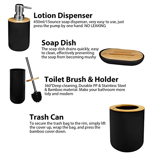 Ikaufen 6PCS Bathroom Accessories Set, Bathroom Decor, Plastic & Bamboo Bath Ensemble Kit with Lotion Dispenser, Toothbrush Holder, Toothbrush Cup, Soap Dish, Toilet Brush & Holder, Trash Can, Black