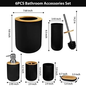 Ikaufen 6PCS Bathroom Accessories Set, Bathroom Decor, Plastic & Bamboo Bath Ensemble Kit with Lotion Dispenser, Toothbrush Holder, Toothbrush Cup, Soap Dish, Toilet Brush & Holder, Trash Can, Black