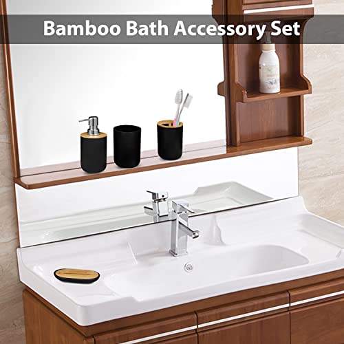 Ikaufen 6PCS Bathroom Accessories Set, Bathroom Decor, Plastic & Bamboo Bath Ensemble Kit with Lotion Dispenser, Toothbrush Holder, Toothbrush Cup, Soap Dish, Toilet Brush & Holder, Trash Can, Black