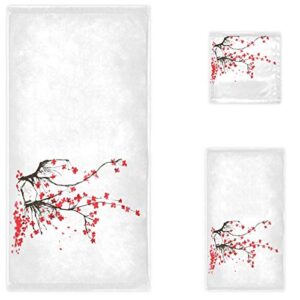 naanle realistic oriental cherry blossom japanese tree soft luxury decorative set of 3 towels, 1 bath towel+1 hand towel+1 washcloth, multipurpose for bathroom, hotel, gym, spa and kitchen(white)