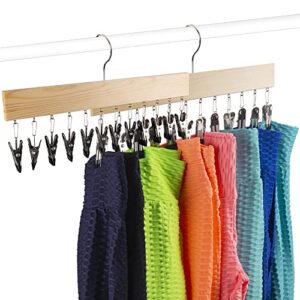 2 pack legging organizer for closet, wooden pants hangers leggings hanger space saving with 24 rubber coated clips, multi purpose clothes storage organizer for skirts shorts trouser jeans, natural