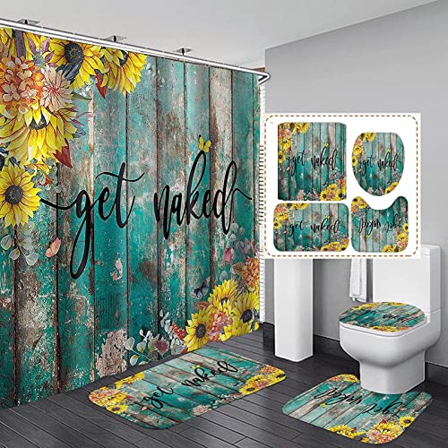 4Pcs Get Naked Sunflower Shower Curtain Sets Floral Green Bathroom Set Decor with Non-Slip Rugs Bath U-shaped Mat Toilet Lid Cover Country Flower Bathroom Curtains Shower Set with 12 Hooks, 70.8×70.8