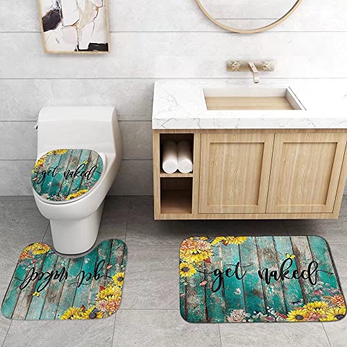 4Pcs Get Naked Sunflower Shower Curtain Sets Floral Green Bathroom Set Decor with Non-Slip Rugs Bath U-shaped Mat Toilet Lid Cover Country Flower Bathroom Curtains Shower Set with 12 Hooks, 70.8×70.8