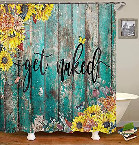 4Pcs Get Naked Sunflower Shower Curtain Sets Floral Green Bathroom Set Decor with Non-Slip Rugs Bath U-shaped Mat Toilet Lid Cover Country Flower Bathroom Curtains Shower Set with 12 Hooks, 70.8×70.8