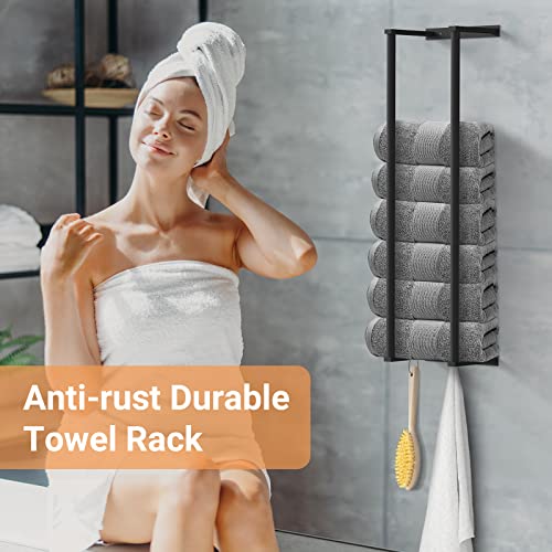 Upgraded Wall Towel Rack for Rolled Towels with 2 Hooks, Bathroom Towel Storage Wall Mounted, Modern Stainless Steel Wall Towel Rack for Small Bathroom Wall Organizer for Small RV Camper