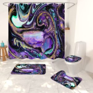 dexsawoi 4-piece purple marble shower curtain set with non-slip purple blue crystal mineral marble carpet, toilet lid, and bath mat. bathroom curtain with 12 hooks 72 x 72 inches