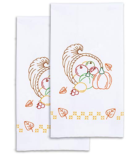 Jack Dempsey Needle Art Cornucopia Embroidery Towels, white