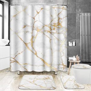 artsocket 4 pcs shower curtain set marble gold white black geometric rose stone abstract modern vintage white golden with non-slip rugs toilet lid cover and bath mat bathroom decor set 72" x 72"