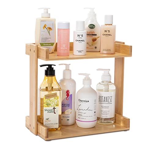 PELYN 2 Tier Bathroom Organizer Counertop, Bamboo Bathroom Counter Corner Shelf for Bath Shampoo Lotion Accessories