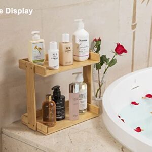 PELYN 2 Tier Bathroom Organizer Counertop, Bamboo Bathroom Counter Corner Shelf for Bath Shampoo Lotion Accessories