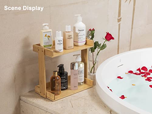 PELYN 2 Tier Bathroom Organizer Counertop, Bamboo Bathroom Counter Corner Shelf for Bath Shampoo Lotion Accessories