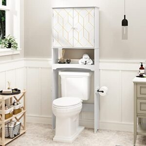 AZODY Over The Toilet Storage Cabinet with Gold Trim, Modern Bathroom Organizer Over Toilet with Adjustable Shelves and Toilet Paper Holder for Bathroom, White