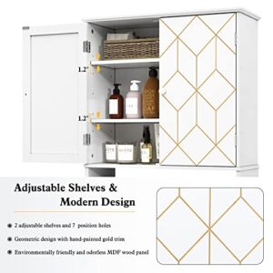 AZODY Over The Toilet Storage Cabinet with Gold Trim, Modern Bathroom Organizer Over Toilet with Adjustable Shelves and Toilet Paper Holder for Bathroom, White