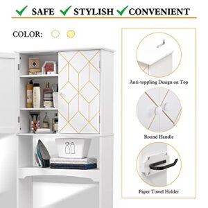 AZODY Over The Toilet Storage Cabinet with Gold Trim, Modern Bathroom Organizer Over Toilet with Adjustable Shelves and Toilet Paper Holder for Bathroom, White