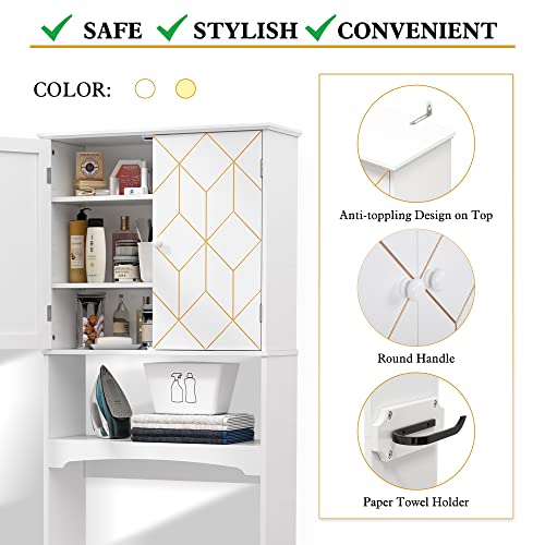 AZODY Over The Toilet Storage Cabinet with Gold Trim, Modern Bathroom Organizer Over Toilet with Adjustable Shelves and Toilet Paper Holder for Bathroom, White