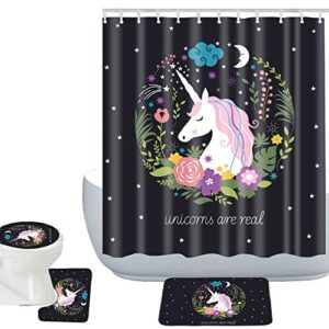 amagical unicorns are real pattern 16 piece bathroom mat set shower curtain set bath mat contour mat toilet cover fabric shower curtain with 12 hooks black (16)
