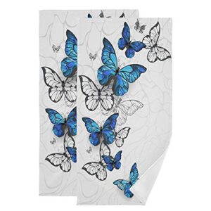 oreayn blue and white butterfly hand towel for bathroom kitchen beach polyester cotton set of 2 morpho butterflies fingertip towel soft absorbent 28.3 x 14.4 inch