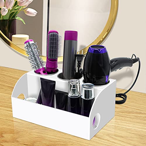 saqqob Hair Tools Organizer,Acrylic Blow Dryer Holder,Hair Dryer Holder For Countertop,Stand Storage and Vanity Bathroom with 3 Heatproof Steel Cups,White