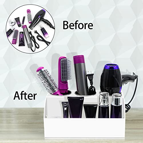 saqqob Hair Tools Organizer,Acrylic Blow Dryer Holder,Hair Dryer Holder For Countertop,Stand Storage and Vanity Bathroom with 3 Heatproof Steel Cups,White