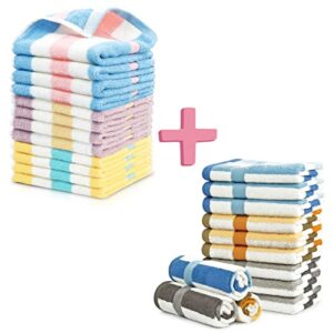 striped washcloths 24 pack 6-color bundle - cotton wash cloths for body and face 13 x 13 inches