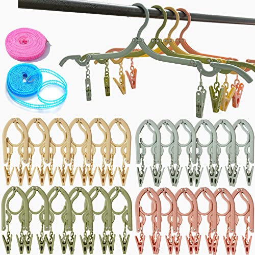 24 PCS Travel Hangers,Portable Folding Clothes Hangers,Travel Clothes Hangers with Clips,Travel Accessories Foldable Clothes Drying Rack for Travel,Plastic Foldable Non Slip Clothing Hangers,4 Colors