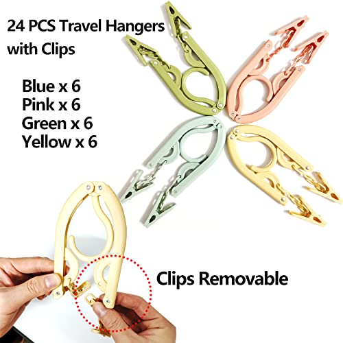 24 PCS Travel Hangers,Portable Folding Clothes Hangers,Travel Clothes Hangers with Clips,Travel Accessories Foldable Clothes Drying Rack for Travel,Plastic Foldable Non Slip Clothing Hangers,4 Colors