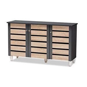 bowery hill modern and contemporary two-tone oak wood 3-door shoe cabinet in dark gray
