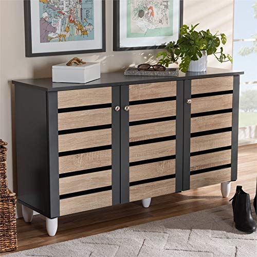 BOWERY HILL Modern and Contemporary Two-Tone Oak Wood 3-Door Shoe Cabinet in Dark Gray