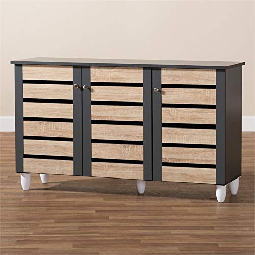 BOWERY HILL Modern and Contemporary Two-Tone Oak Wood 3-Door Shoe Cabinet in Dark Gray