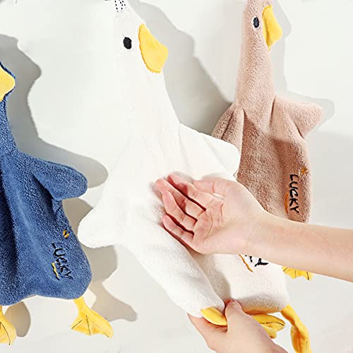 Pearlead 3Pcs Hanging Hand Towels with Hanging Loop Absorbent Coral Fleece Hand Towels for Kitchen Cute Goose Thick Kitchen Cloth Dish Towels Hand Dry Towels for Bathroom Khaki White Blue