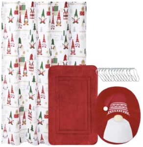 indecor home 15-piece christmas holiday bathroom decoration accessory set | bath rug/mat | toilet lid topper | shower curtain | 12 hooks | 5 styles to choose from (gnome)