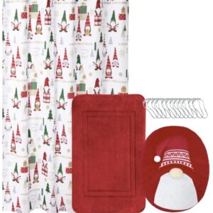 Indecor Home 15-Piece Christmas Holiday Bathroom Decoration Accessory Set | Bath Rug/Mat | Toilet Lid Topper | Shower Curtain | 12 Hooks | 5 Styles to Choose from (Gnome)