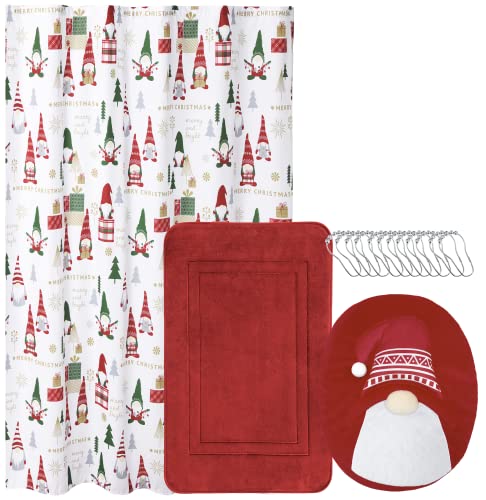 Indecor Home 15-Piece Christmas Holiday Bathroom Decoration Accessory Set | Bath Rug/Mat | Toilet Lid Topper | Shower Curtain | 12 Hooks | 5 Styles to Choose from (Gnome)