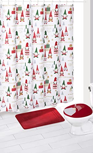 Indecor Home 15-Piece Christmas Holiday Bathroom Decoration Accessory Set | Bath Rug/Mat | Toilet Lid Topper | Shower Curtain | 12 Hooks | 5 Styles to Choose from (Gnome)