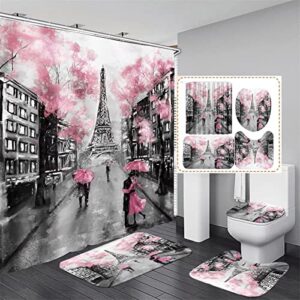 4pcs paris eiffel tower pink shower curtain sets bathroom set decor with non-slip rugs bath u-shaped mat toilet lid cover waterproof valentine bathroom curtains shower set with 12 hooks, 70.8×70.8
