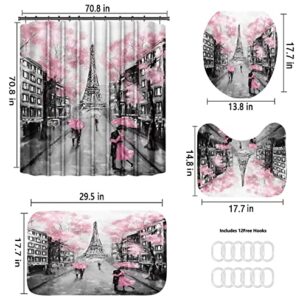 4Pcs Paris Eiffel Tower Pink Shower Curtain Sets Bathroom Set Decor with Non-Slip Rugs Bath U-Shaped Mat Toilet Lid Cover Waterproof Valentine Bathroom Curtains Shower Set with 12 Hooks, 70.8×70.8