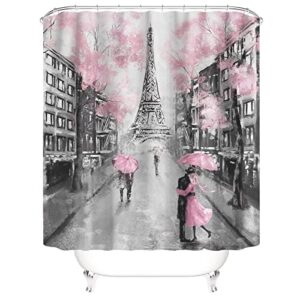 4Pcs Paris Eiffel Tower Pink Shower Curtain Sets Bathroom Set Decor with Non-Slip Rugs Bath U-Shaped Mat Toilet Lid Cover Waterproof Valentine Bathroom Curtains Shower Set with 12 Hooks, 70.8×70.8