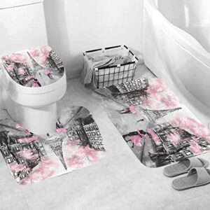 4Pcs Paris Eiffel Tower Pink Shower Curtain Sets Bathroom Set Decor with Non-Slip Rugs Bath U-Shaped Mat Toilet Lid Cover Waterproof Valentine Bathroom Curtains Shower Set with 12 Hooks, 70.8×70.8