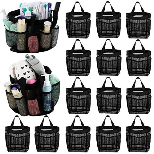 16 Pcs Mesh Shower Caddy with 8 Pockets Portable Large Shower Caddy Black Tote Bag for College Dorm Room Essentials Hanging Shower Caddy Bath Organizer Shower Bag for Bathroom Travel Gym Beach