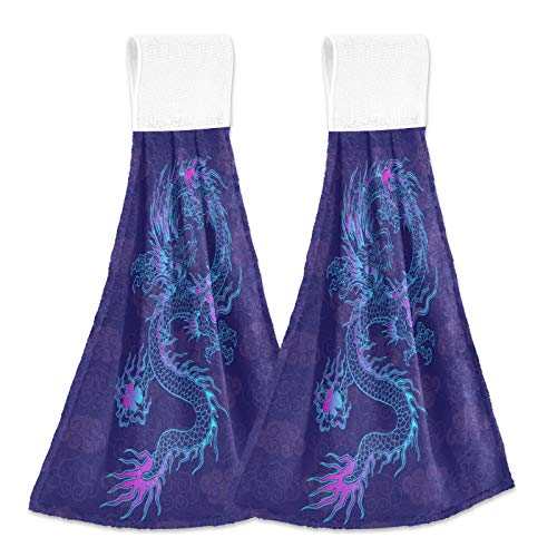 WELLDAY 2 Pcs Hanging Hand Towels Soft Absorbent Purple Chinese Dragon Towel for Kitchen Bathroom