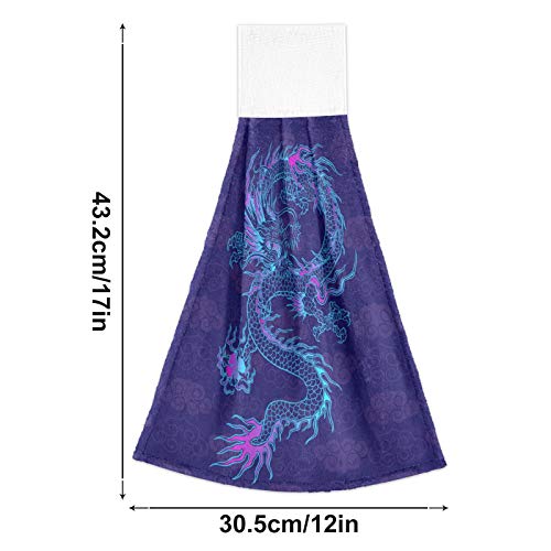 WELLDAY 2 Pcs Hanging Hand Towels Soft Absorbent Purple Chinese Dragon Towel for Kitchen Bathroom
